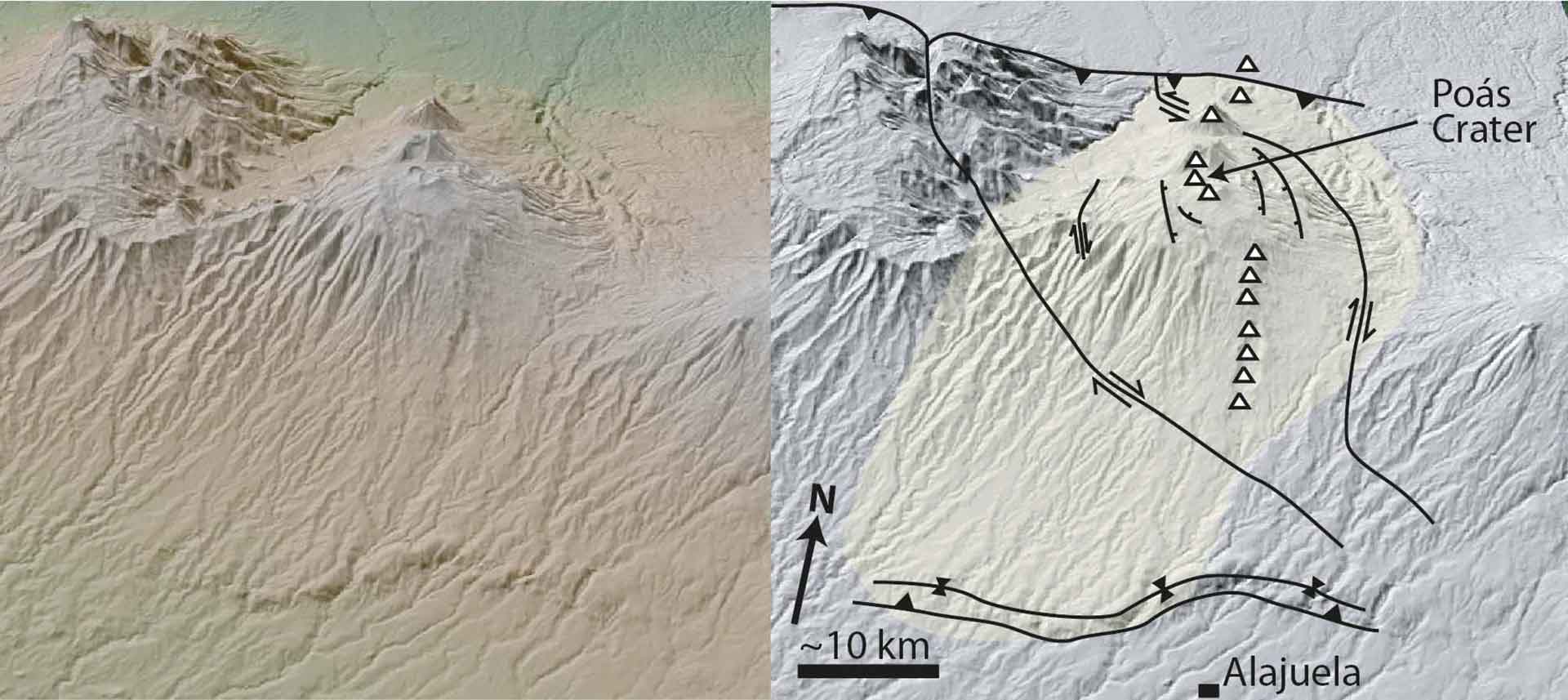 Oblique image showing the whole shield-like stratovolcano shape of Poás