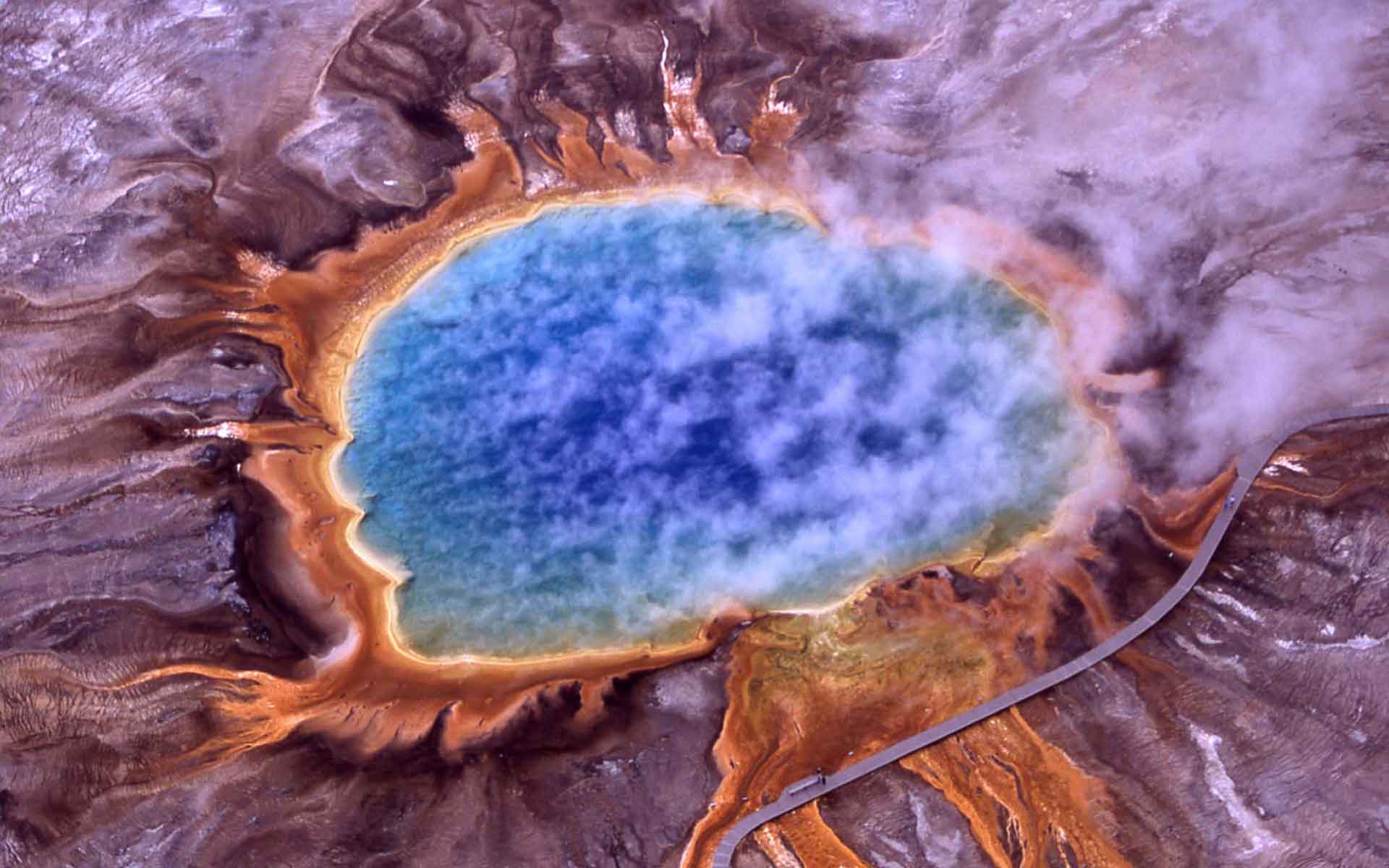 Aerial view of Grand Prismatic Spring