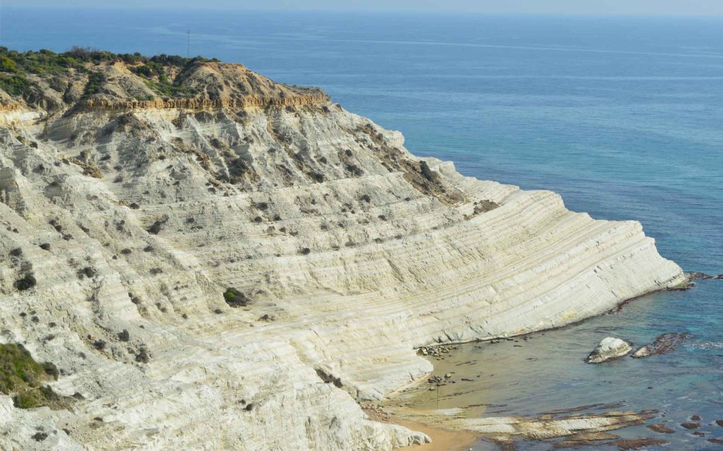 Panoramic view of Punta di Maiata. Deposition of the distinct lithological cycles of calcareous and marly imestones of the Trubi Formation was astronomically controlled. Layers richer in carbonate correspond to eccentricity minima.