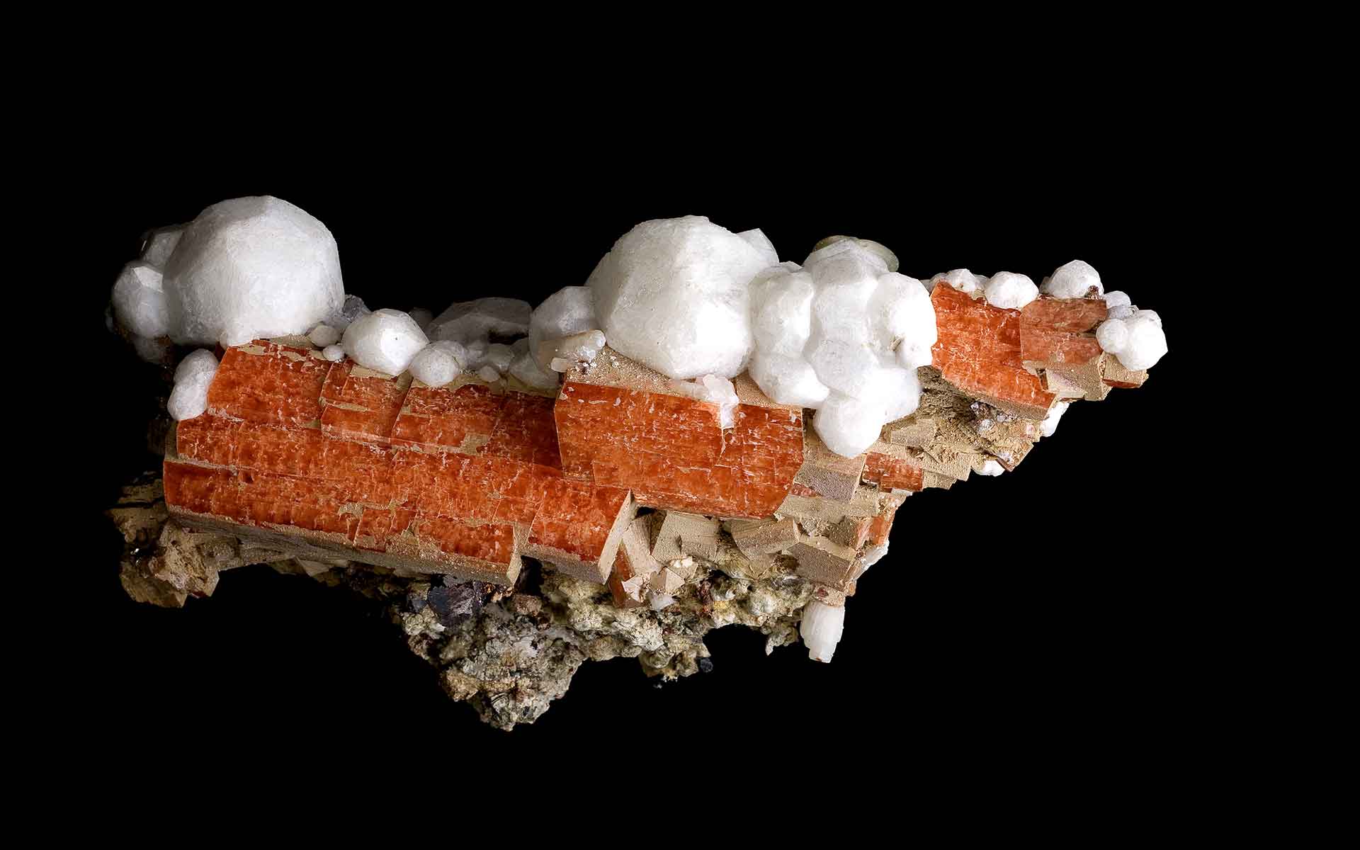 Serandite (orange) and analcime (white). Specimen is 22.5 centimeters in length. Collected in 1973. Canadian Museum of Nature, specimen CMNMC 37124. Photographer: Michael Bainbridge.