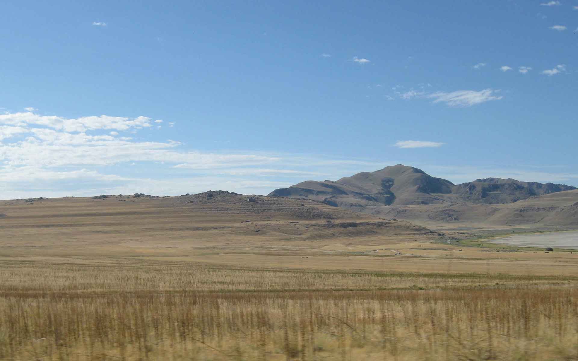 Multiple horizontal Pleistocene Lake Bonneville shorelines at the north end of Antelope Island. Image: M. Chan.