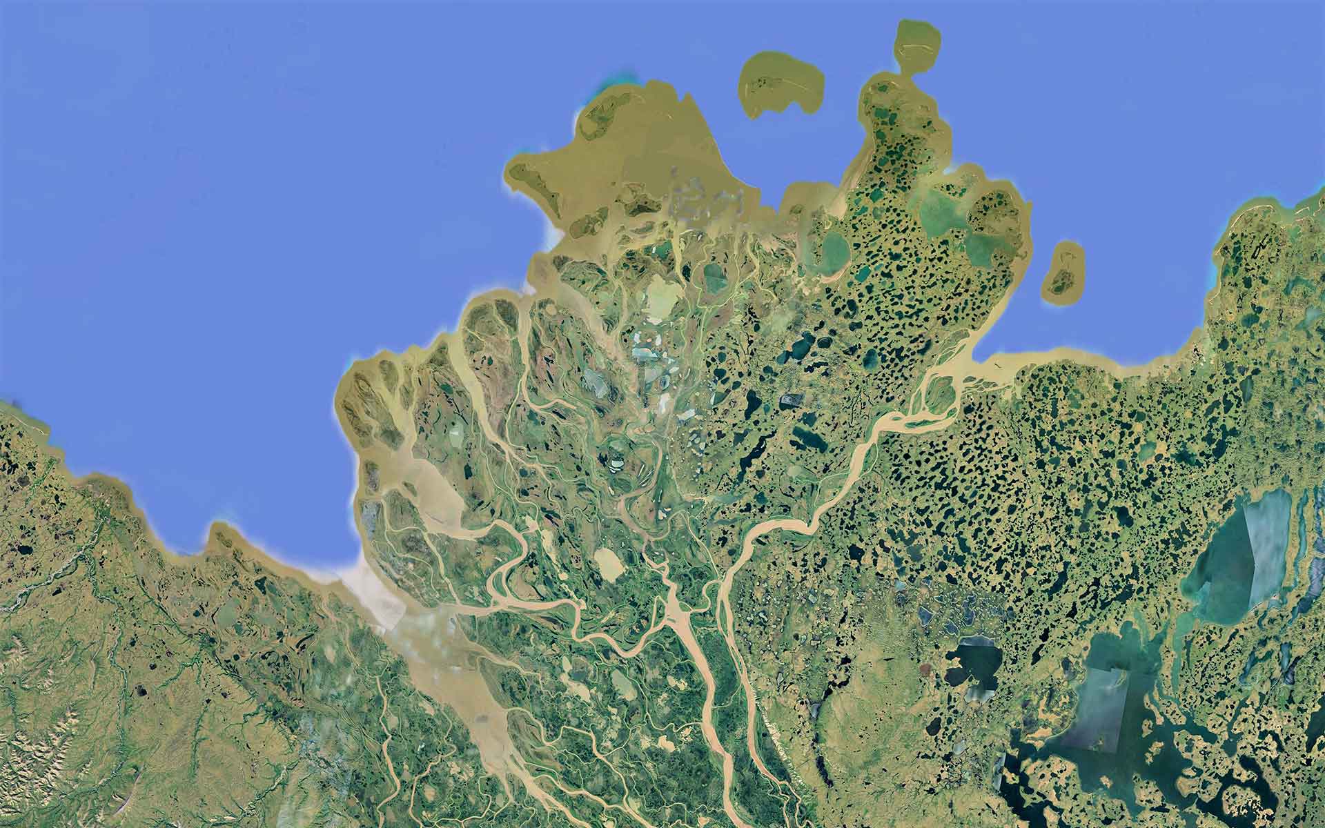 The Mackenzie Delta is the most spectacular scenery in the Arctic. Dark green: delta, light green: uplands, beige: suspended sediments in channels, grey: lakes.